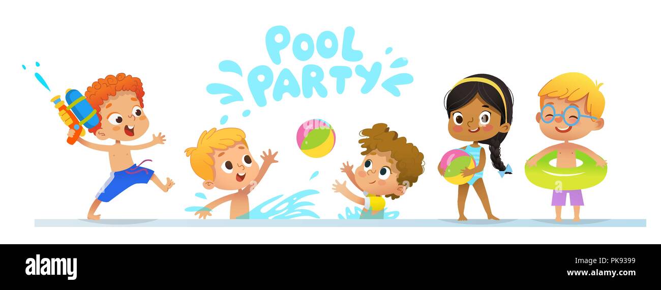 Pool Party Einladung Vorlage baner. Multirassischen Kinder haben Spaß im Pool. Rothaarige Junge mit einem Spielzeug Wasserpistole springen in einen Pool. Kinder spielen mit einem Ball im Wasser. Stock Vektor