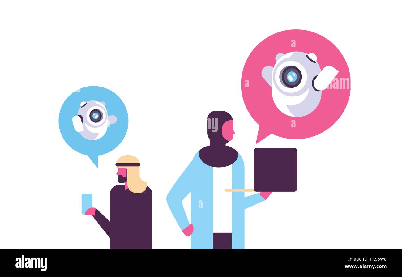 Arabisch paar Mann Frau chatbot Kommunikation Sprechblasen mit Gadgets online Support isolierte ebenen und horizontalen Stock Vektor