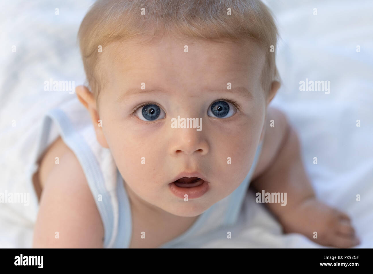 Niedlich neugierig Blauäugigen jungen Baby an der Kamera starrt, wie es auf den Bauch auf einer weißen Bettdecke auf einem Bett liegt Stockfoto