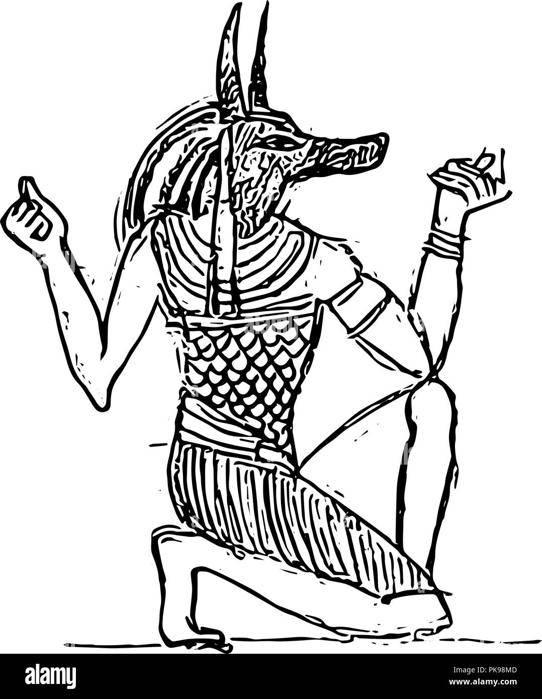 Gott der Toten Anubis in die Unterwelt. Ägyptischen Flachrelief (Skizze). Stock Vektor