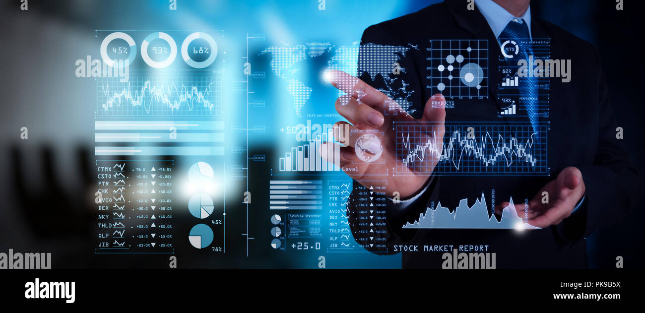 Investor Analyse Börse Bericht und finanziellen Armaturenbrett mit Business Intelligence (BI), mit Key Performance Indicators (KPI). Geschäftsmann hand Stockfoto