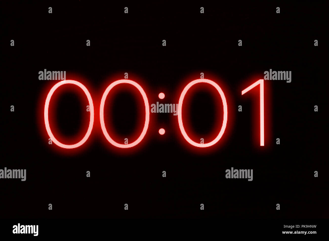 Digitale Zeitschaltuhr Stoppuhr Anzeige 1 eine Sekunde verbleibend. Not, Dringlichkeit, aus der Zeit Konzept. Stockfoto