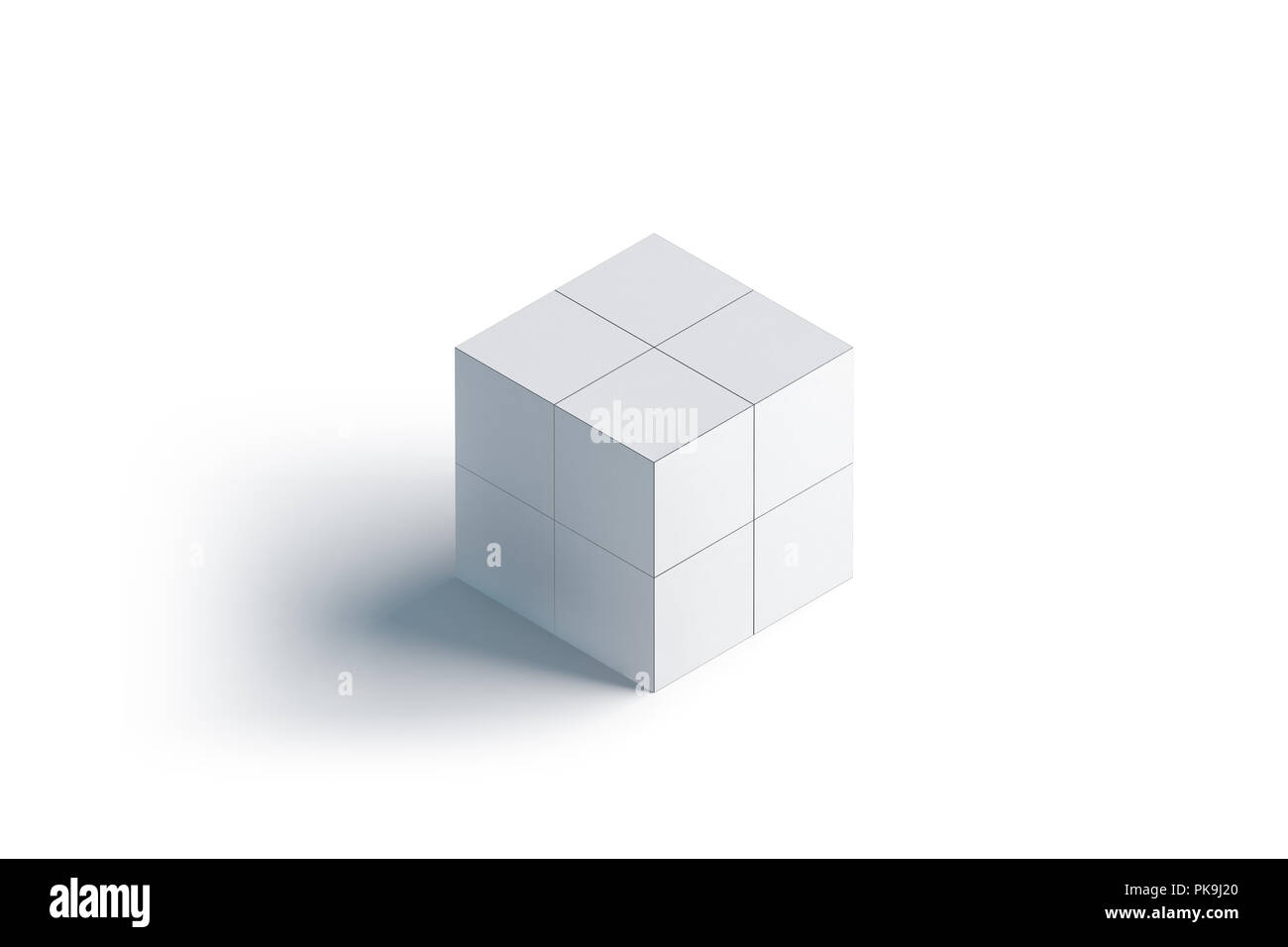 Leere weiße Werbe Magic Cube Mockup, stand isoliert, 3D-Rendering. Leere Falten tessera Förderung Spielzeug mock up. Klar Puzzle Box Vorlage, Seite Stockfoto