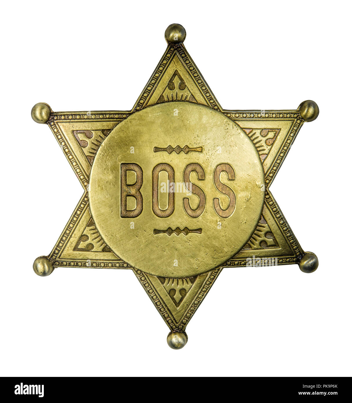 Isoliert, Messing Boss Abzeichen im Stil eines Vintage Sheriff Stern auf weißem Hintergrund Stockfoto