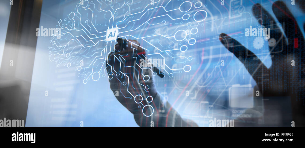 Künstliche Intelligenz (KI), maschinelles Lernen und Data Mining Technologie auf virtuellen Dashboard. Double Exposure, Geschäftsmann Hand arbeiten Konzept. Stockfoto