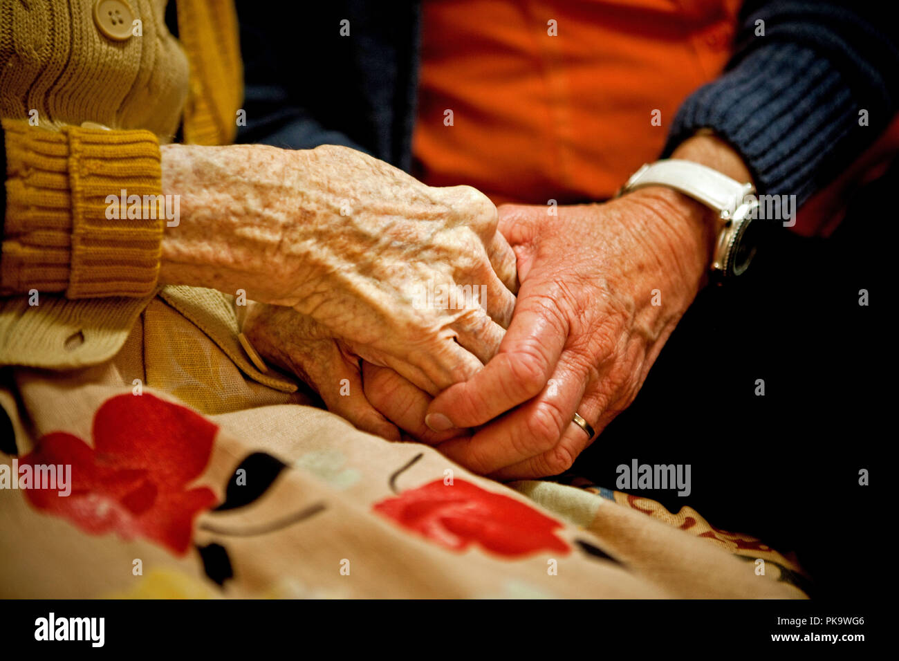 EINE PFLEGEKRAFT IN EINEM ALTENPFLEGEHEIM, DIE HAND EINER ÄLTEREN ASSISTENTIN HÄLT, DIE IHR TROST GIBT, QUEENSLAND, AUSTRALIEN. Stockfoto