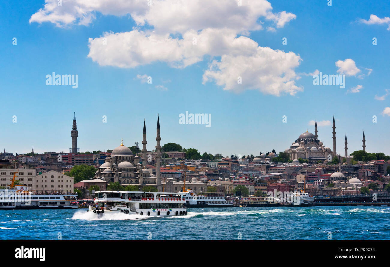 Yeni Cami (Neue Moschee) und andere Gebäude entlang der Waterfront, das Goldene Horn, Istanbul, Türkei Stockfoto