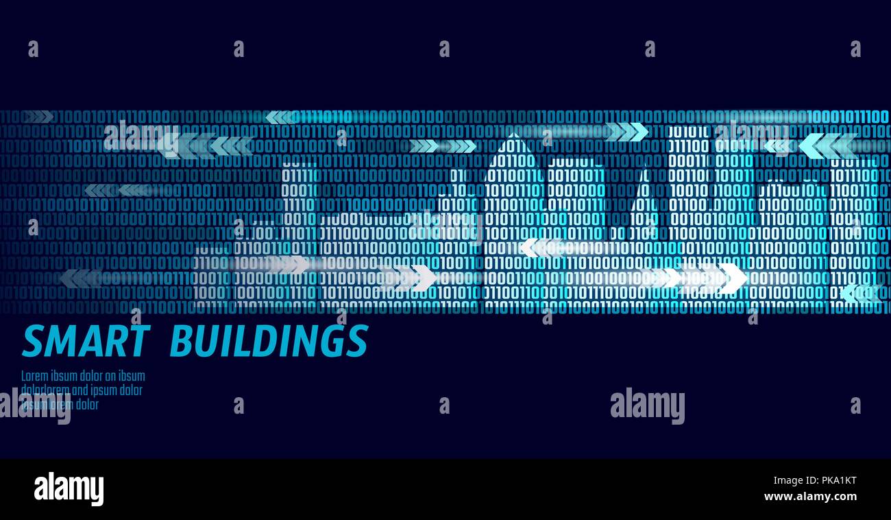 Smart City Intelligent Building Automation System Business Konzept. Der binäre Code Datenfluss Nummer. Architektur urbane Stadtbild Technologie Skizze banner Vector Illustration Stock Vektor