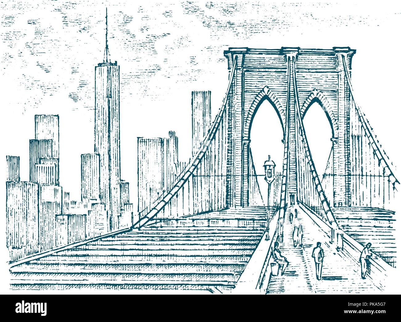 Historische Architektur mit Gebäuden, Perspektive betrachten. Vintage Landschaft. Brooklyn Bridge, New York. Graviert Hand in alte Skizze und schwarzweiß gezeichnet. Reisen Postkarte. Stock Vektor