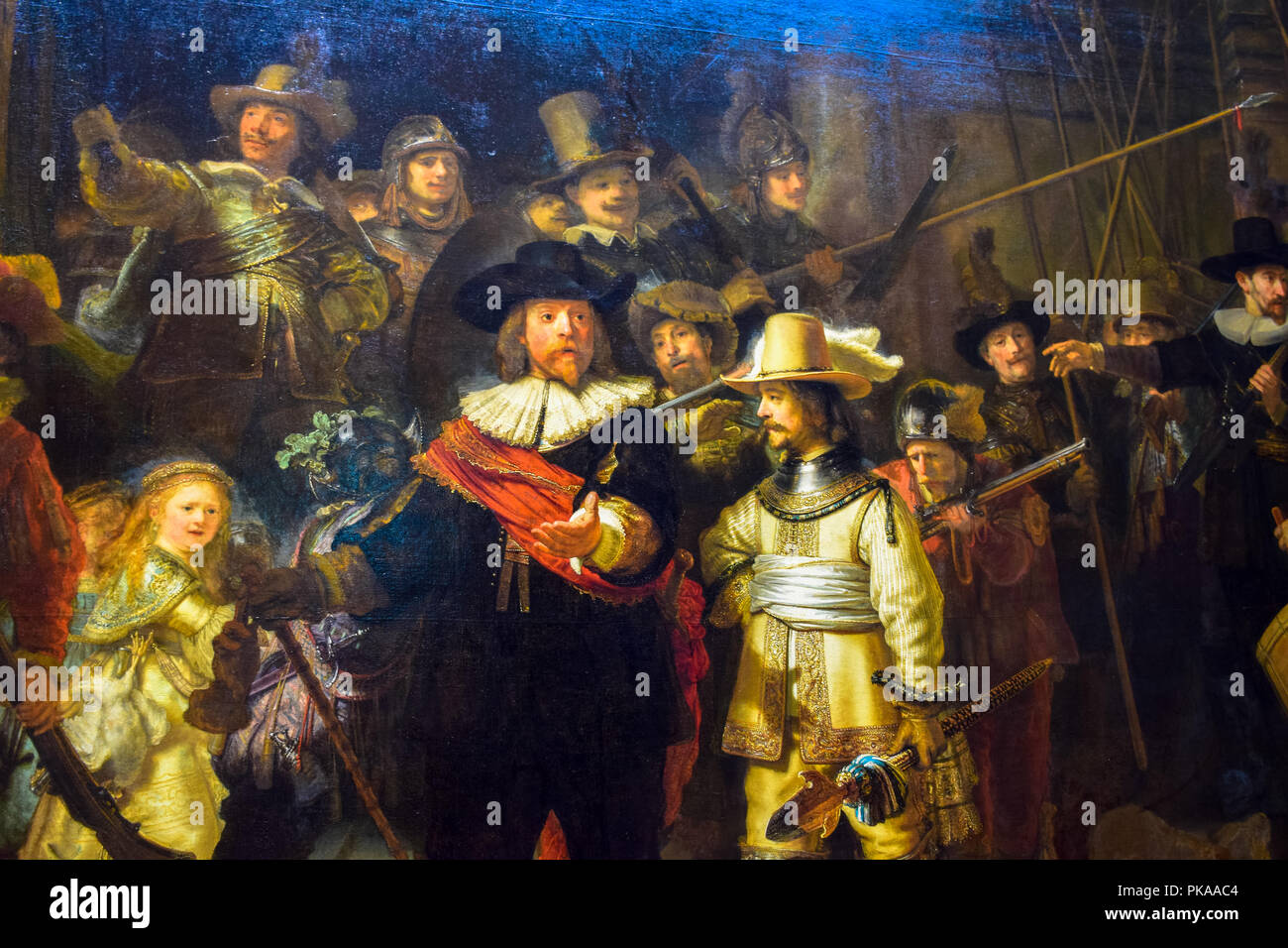 Das legendäre Meisterwerk "Die Nachtwache" von Rembrandt van Rijn im Rijksmuseum in Amsterdam, Niederlande Stockfoto