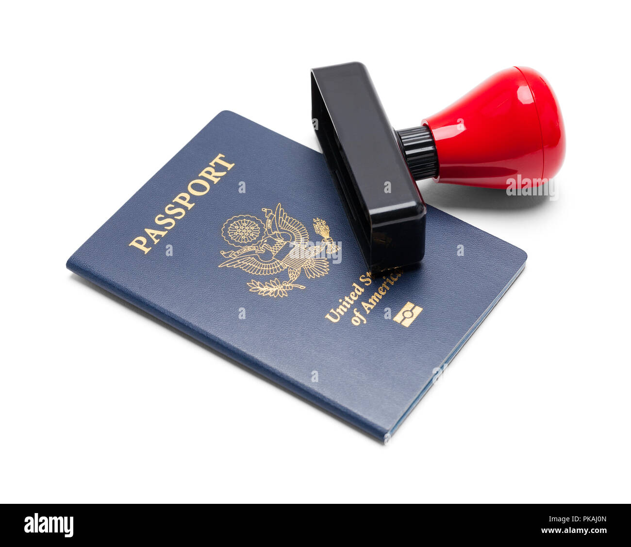 Usa Reisepass mit Stamper isoliert auf weißem Hintergrund. Stockfoto