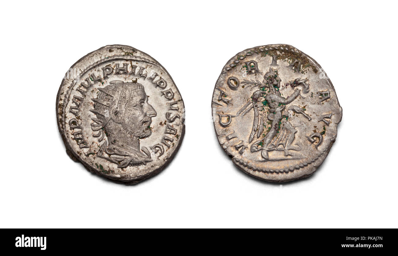Alte Silber römische Münze isoliert auf weißem Hintergrund. Stockfoto