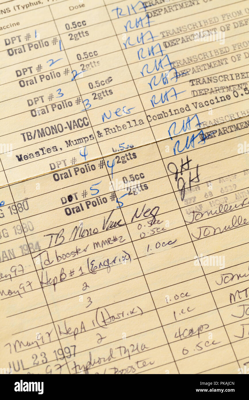Impfung Shot Rekord mit Liste der Immunisierungen. Stockfoto