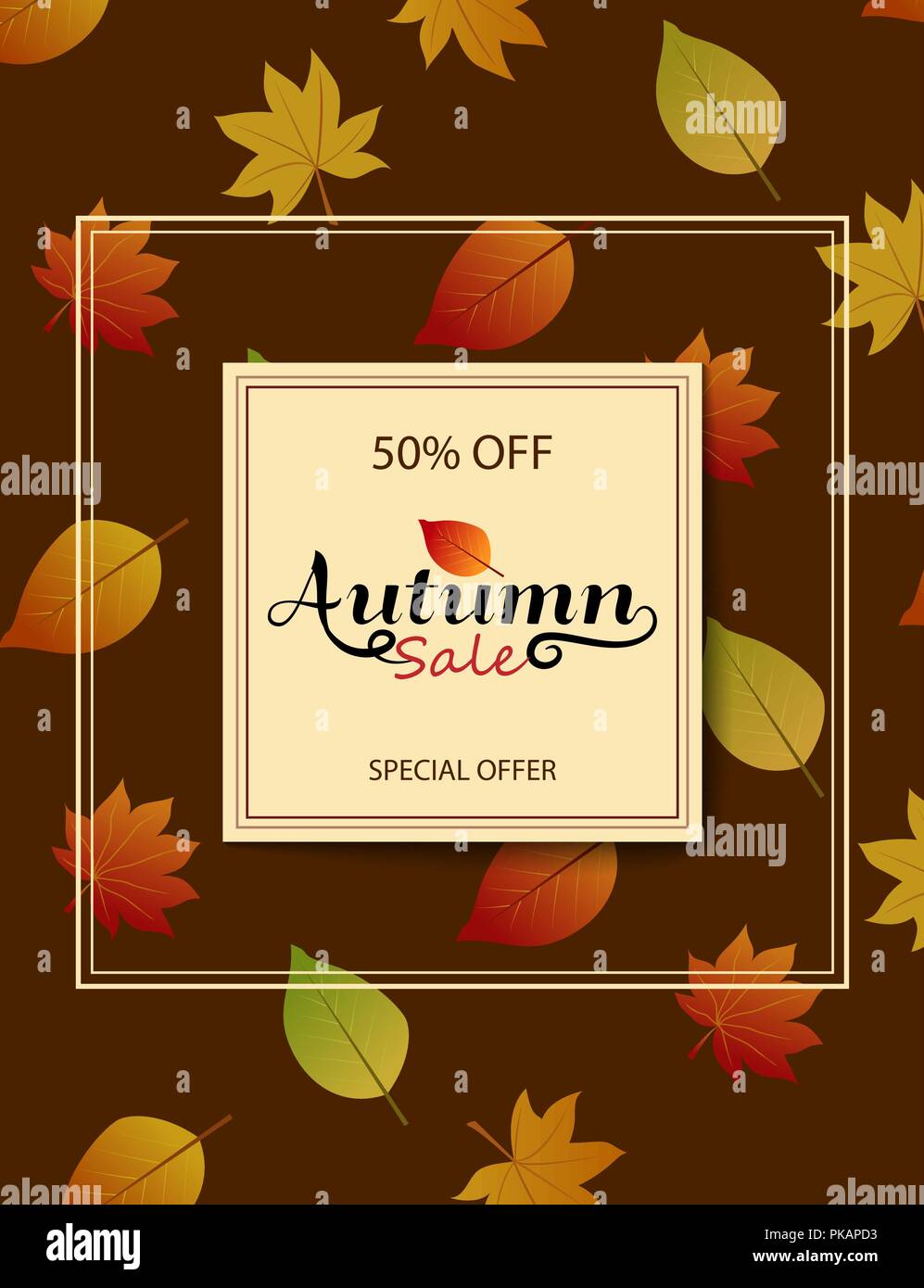 Die Gestaltung der Poster für den Herbst Rabatt auf dunklen braunen Hintergrund. Vertikale Herbst Banner. Herbst Sale 50 aus. Vektorgrafiken für Flyer, Banner, Poster, E-Mails, Entwürfe, Anzeigen, Werbemittel. Stock Vektor