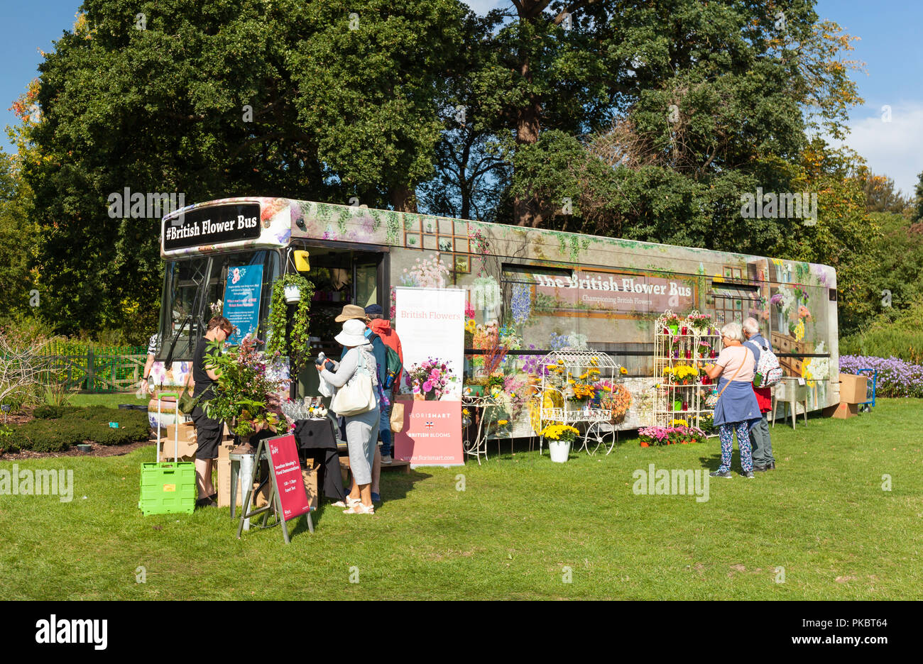 Die britische Blume Bus. Stockfoto