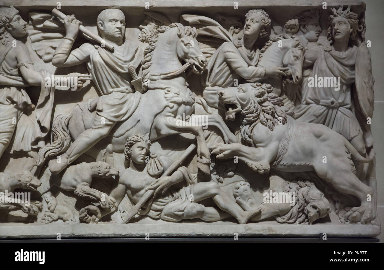 Löwenjagd in der römischen Sarkophag aus der ersten Hälfte des 3. nachchristlichen Jahrhundert datiert auf Anzeige im Louvre in Paris, Frankreich dargestellt. Stockfoto