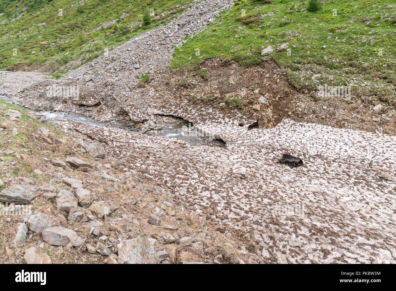 Bleibt der Eis- und Schneedecke über einem Bergbach im Sommer, Österreich Stockfoto