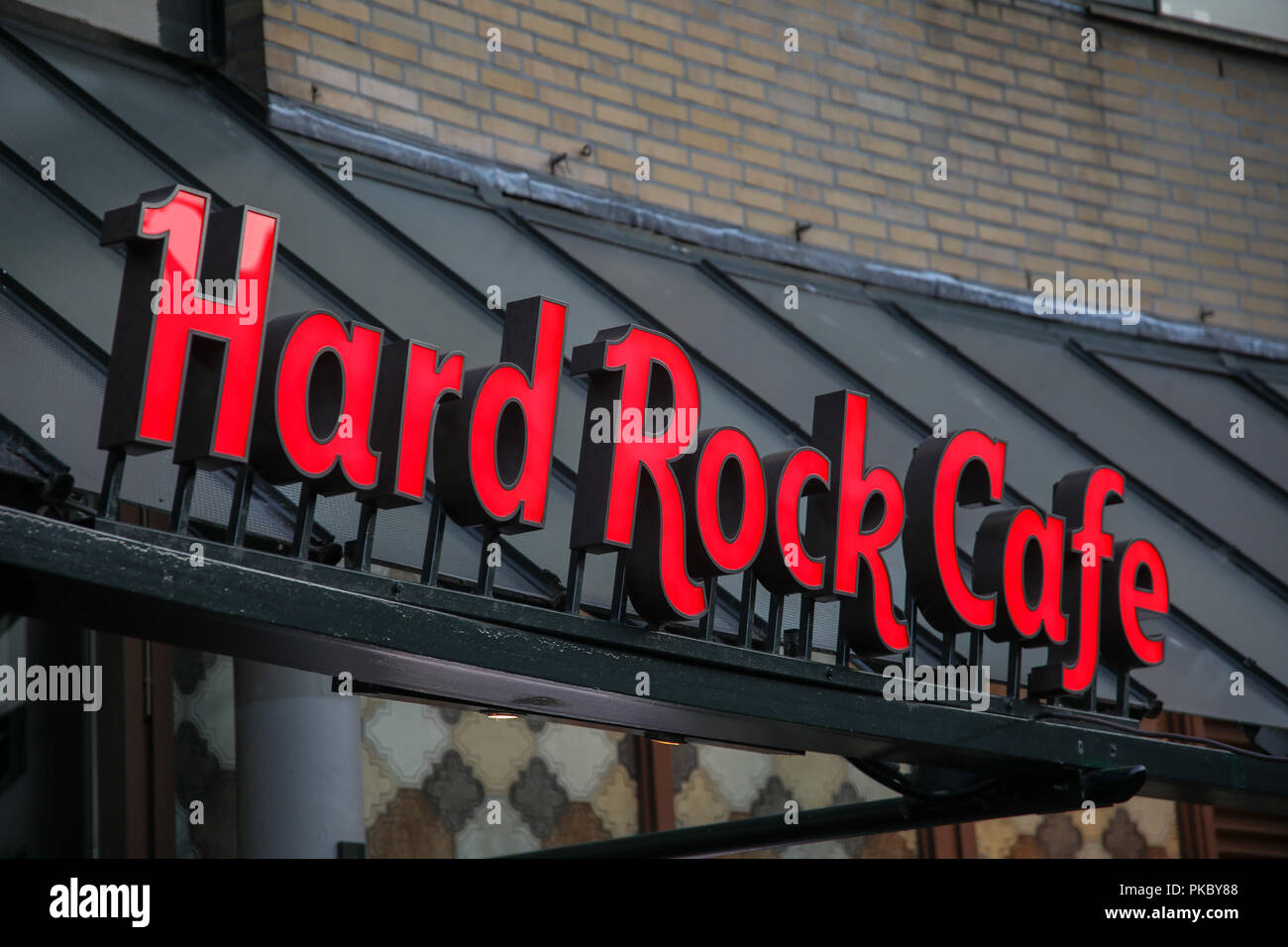 Amsterdam, Niederlande - 7. Juli 2018: die Fassade der Hard Rock Cafe Amsterdam mit dem berühmten Logo Stockfoto