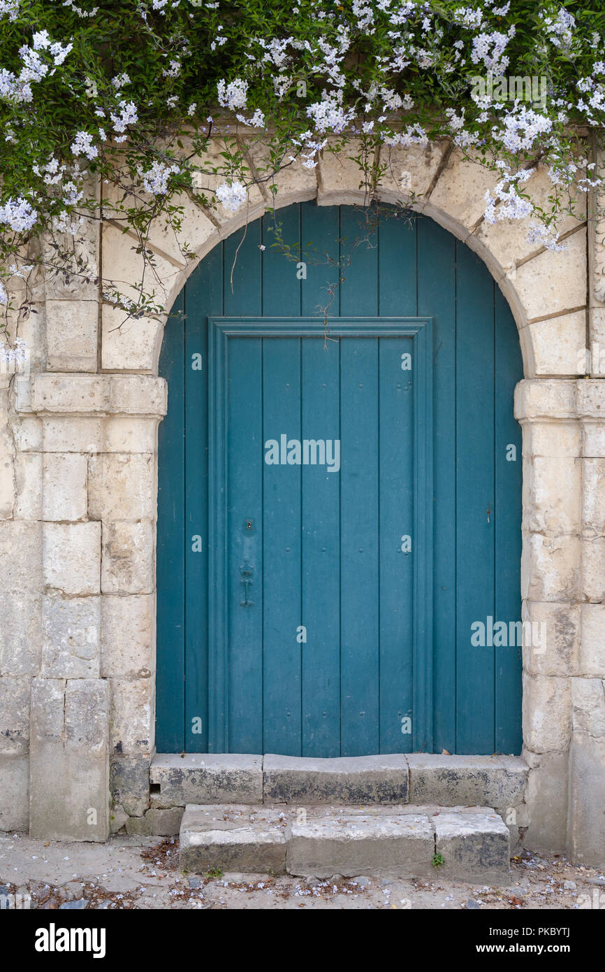 Alte blaue grüne Tür in einer Steinmauer mit Blumen oben Stockfoto