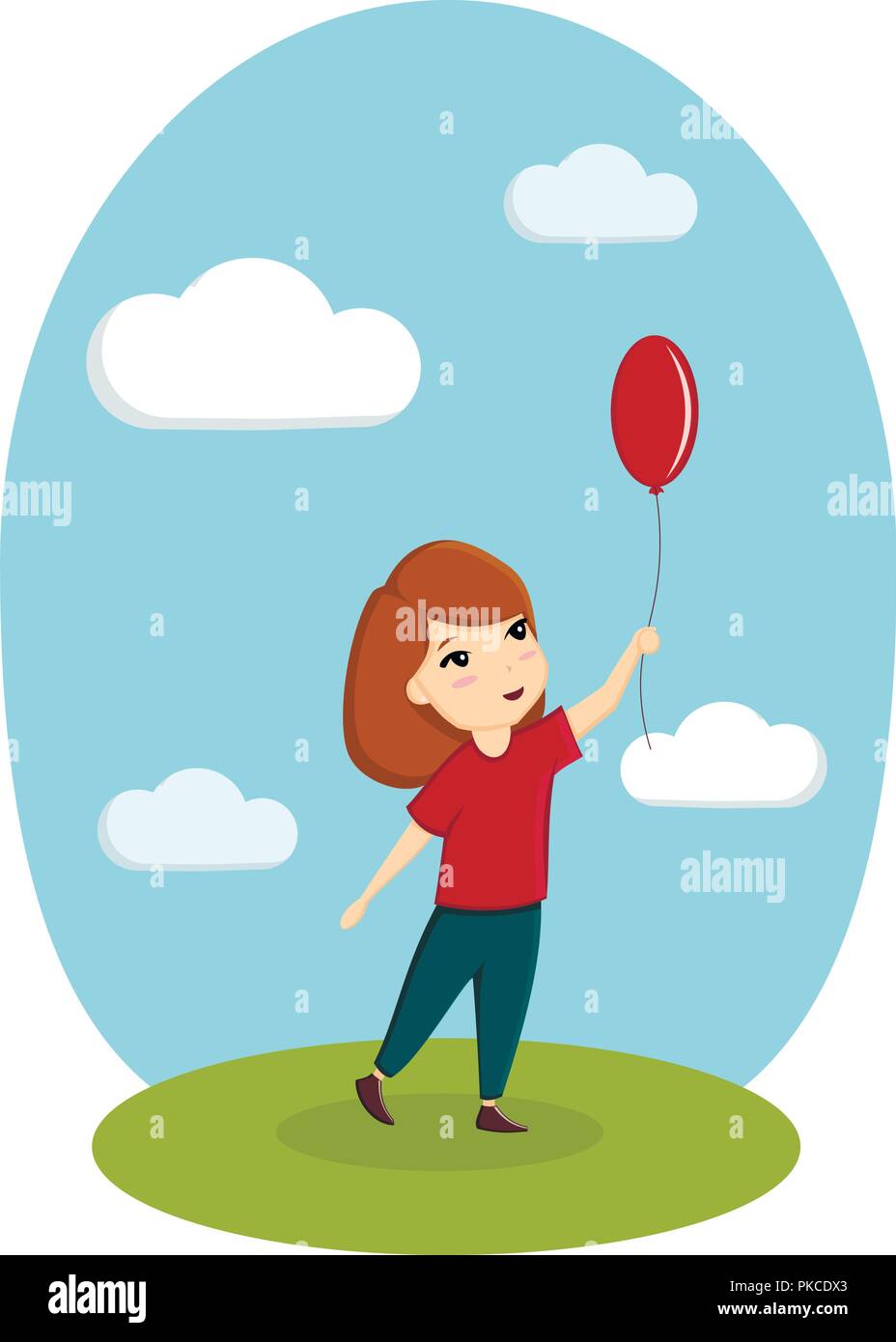 Ein Mädchen spielt mit einem Ballon auf der Straße. Bild, Vektor, Abbildung, Vorlage. Stock Vektor