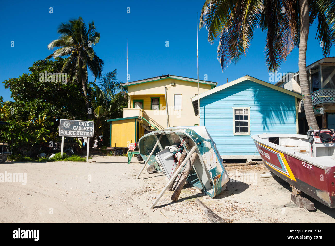 Nach oben Boote und Palmen vor Caye Caulker Polizeistation Stockfoto