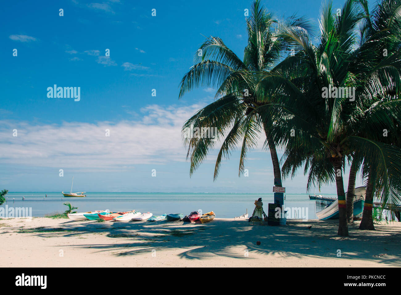 Mehrfarbige Vermietung Kajaks am tropischen Strand an einem sonnigen Tag Stockfoto