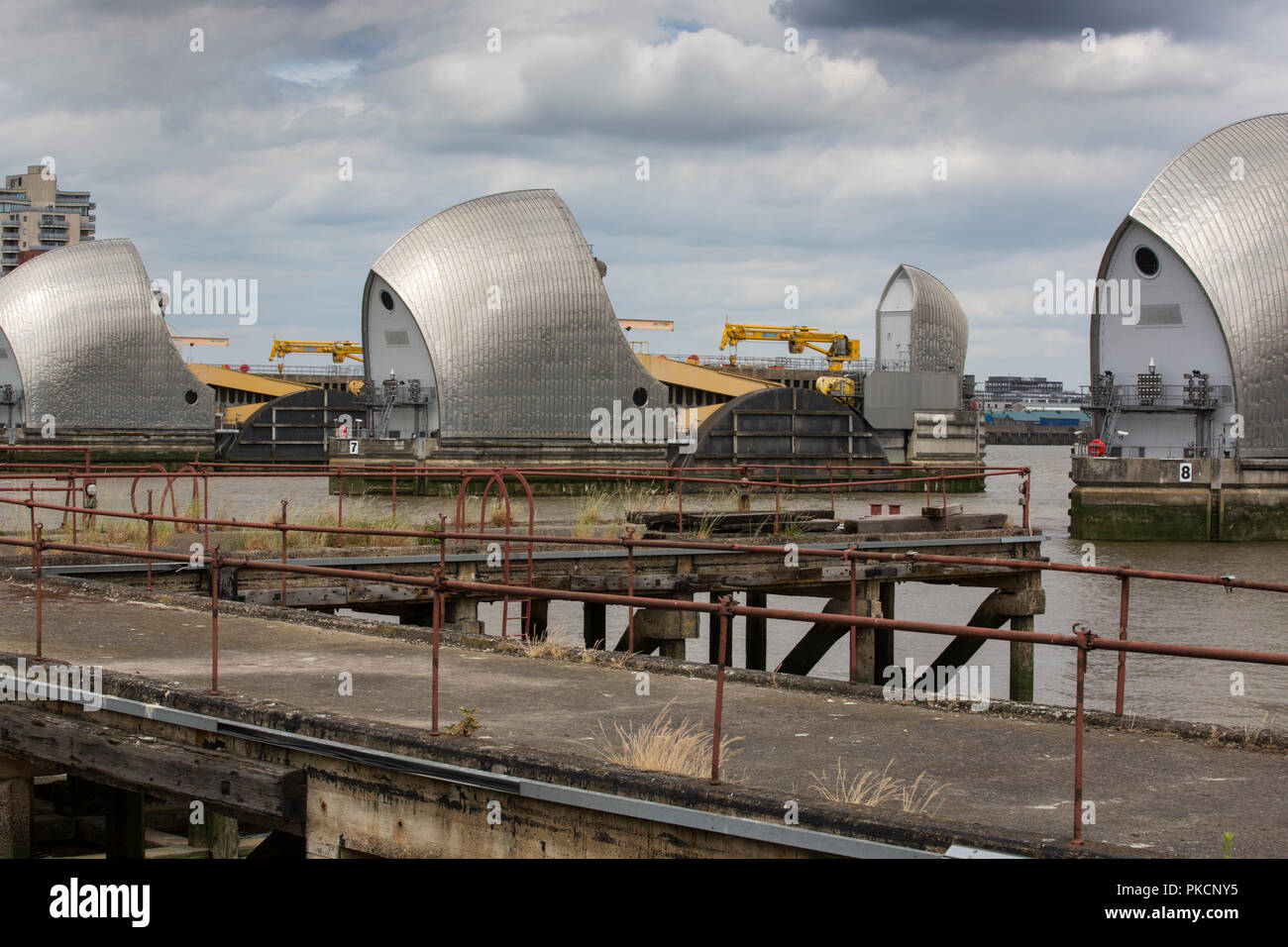 Thames Barrier, bewegliches Sturmflutwehr auf der Themse im Südosten von London, England, Vereinigtes Königreich Stockfoto