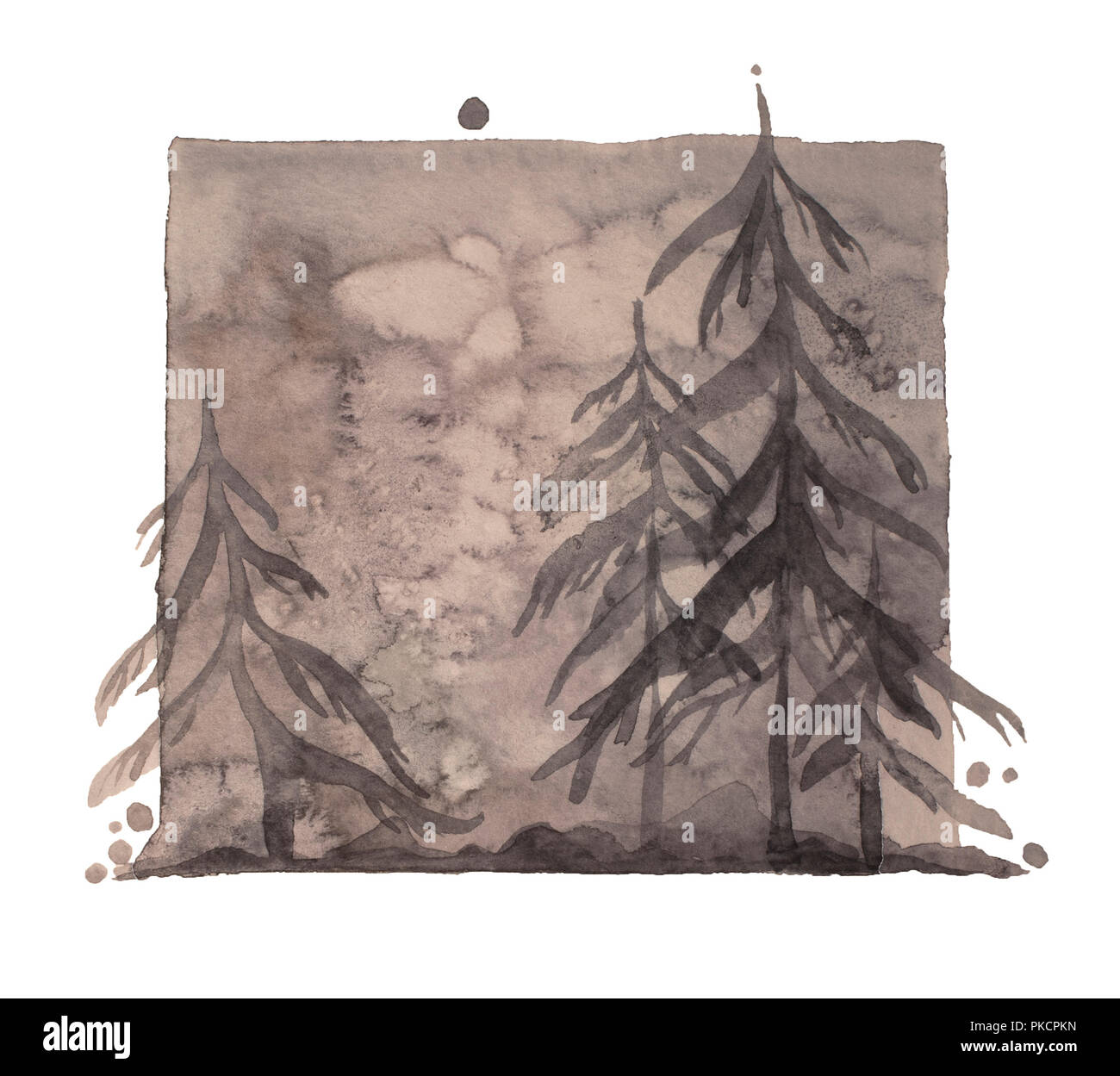 Aquarell grau depressiven Winter Forest, isolierten Tiefen grau Holz Abbildung Stockfoto