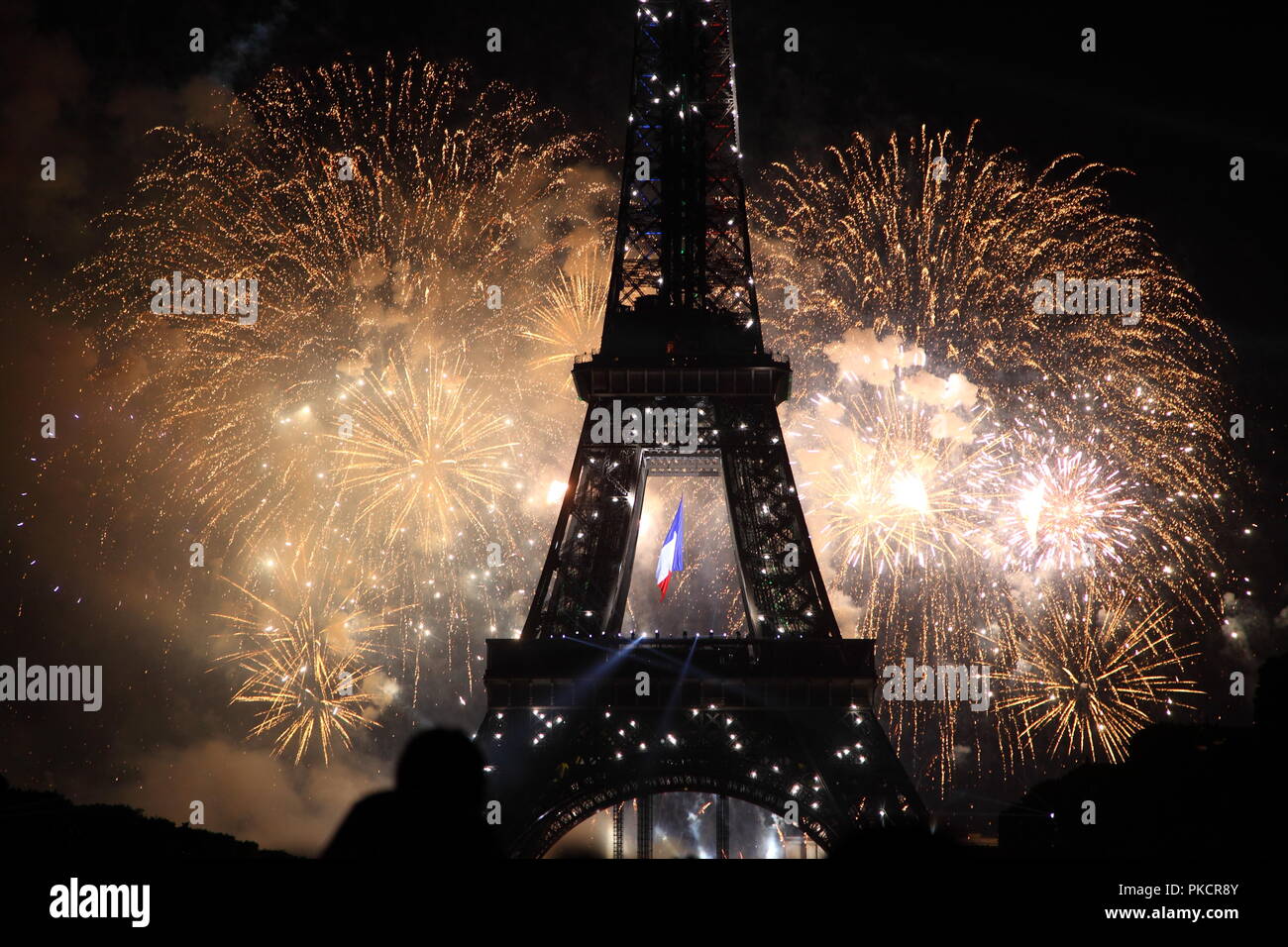 Berühmte Feuerwerk in der Nähe von Eiffelturm während der Feierlichkeiten zum französischen Nationalfeiertag, Tag der Bastille in Paris, Frankreich. Stockfoto