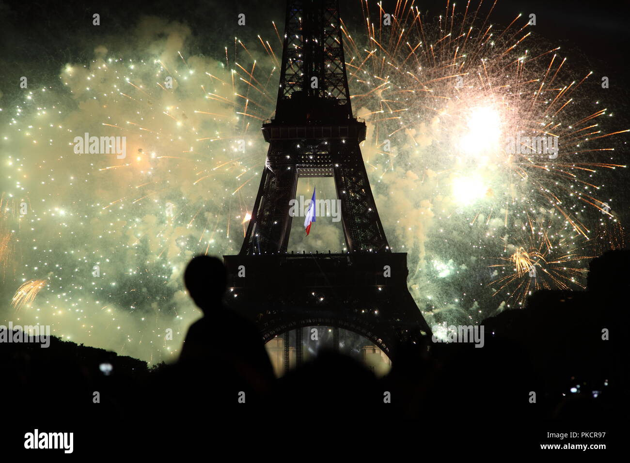 Berühmte Feuerwerk in der Nähe von Eiffelturm während der Feierlichkeiten zum französischen Nationalfeiertag, Tag der Bastille in Paris, Frankreich. Stockfoto