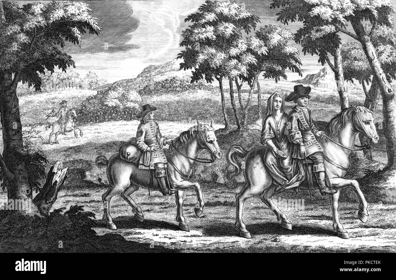 "König Karl der 2. in der Verkleidung rideing bevor Frau Lane...', (Anfang 18. Jahrhundert). Artist: Michael Vandergucht. Stockfoto