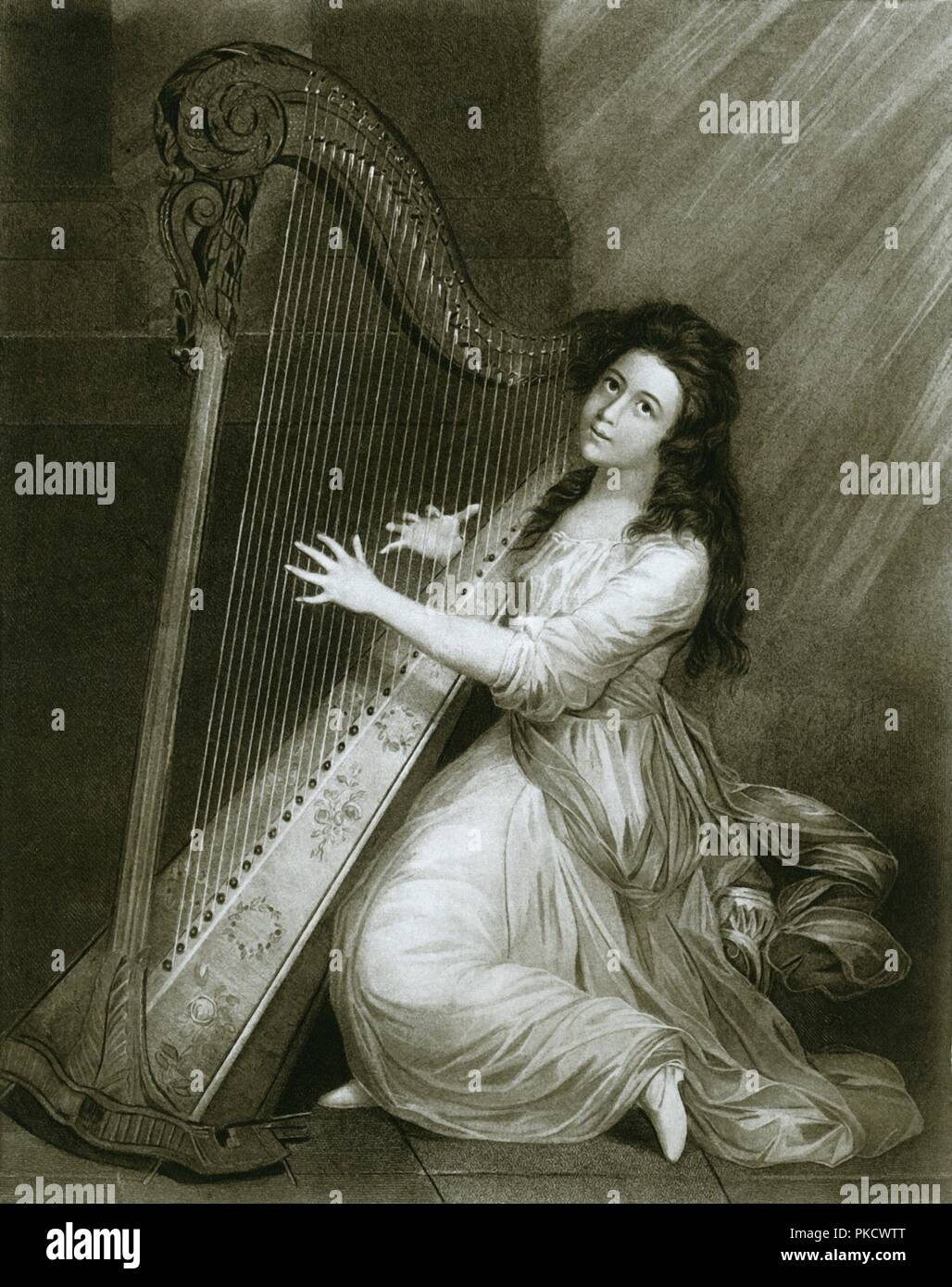 "Pedal harp mit Haken Aktion; farbige Gravur aus dem Ende des 18. Jahrhunderts", 1948. Artist: Unbekannt. Stockfoto