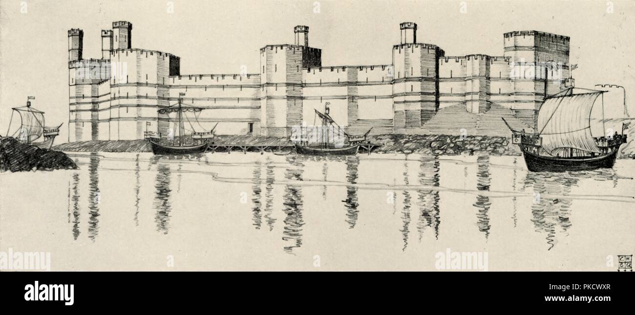 "Von außen Caernarvon Castle, North Wales', (1931). Künstler: Charles Henry Bourne Quennell. Stockfoto