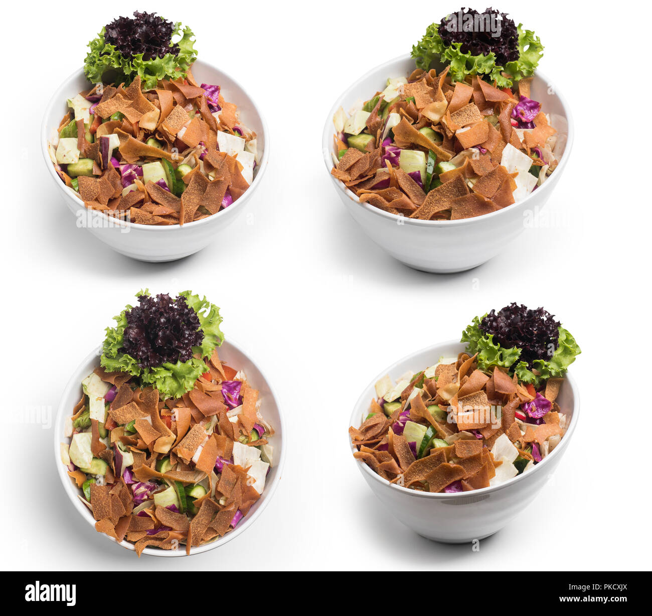 Fattoush Salat, Satz von libanesischen Salat, Fattouch, auf weißem Hintergrund, Clipping Path enthalten Stockfoto