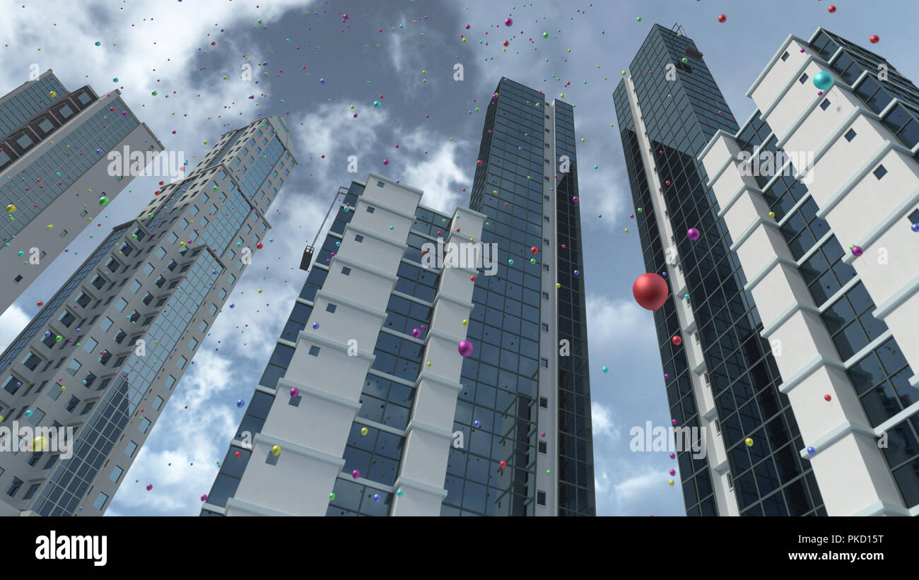 Steigende bunte Luftballons in Stadt 3D-Rendering Stockfoto