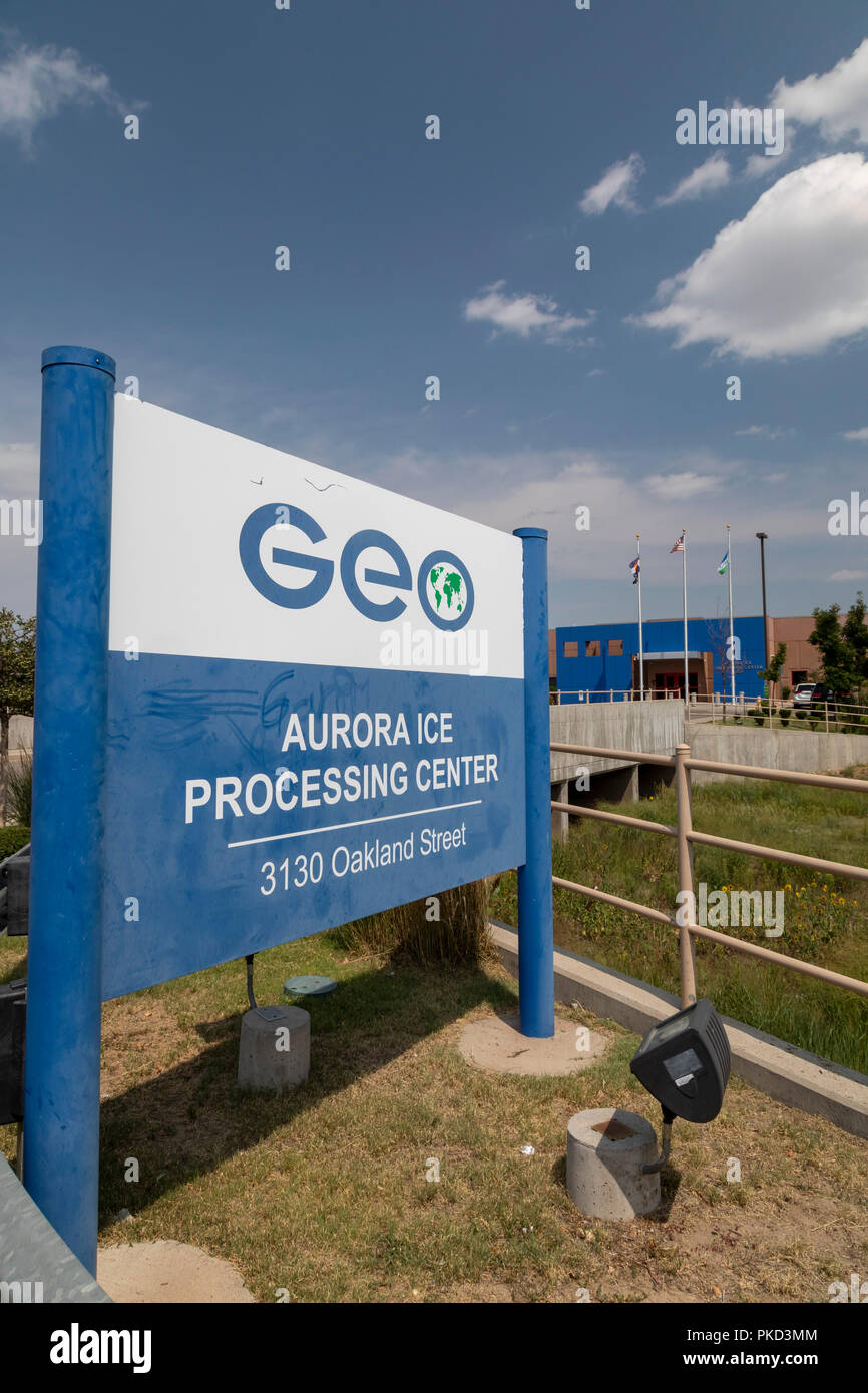 Aurora, Colorado - ein Immigrant Gefangenenlager betrieben durch die privat geführte GEO Gruppe für US-Einwanderungs- und Zollbehörden (ICE). Stockfoto