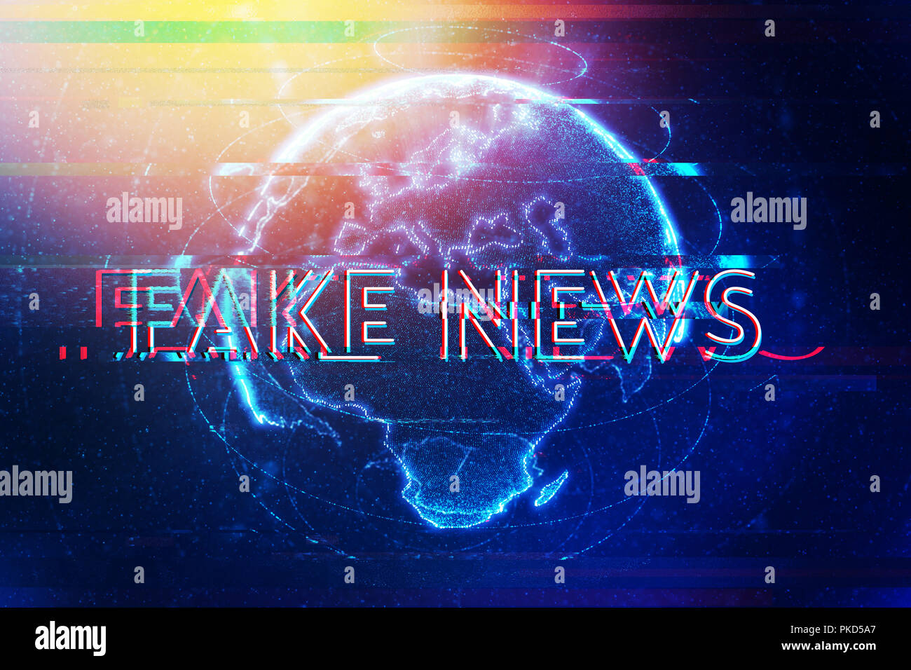 Fake news moderne digitale Ära, konzeptionelle Darstellung mit Text überlagern Globe Stockfoto
