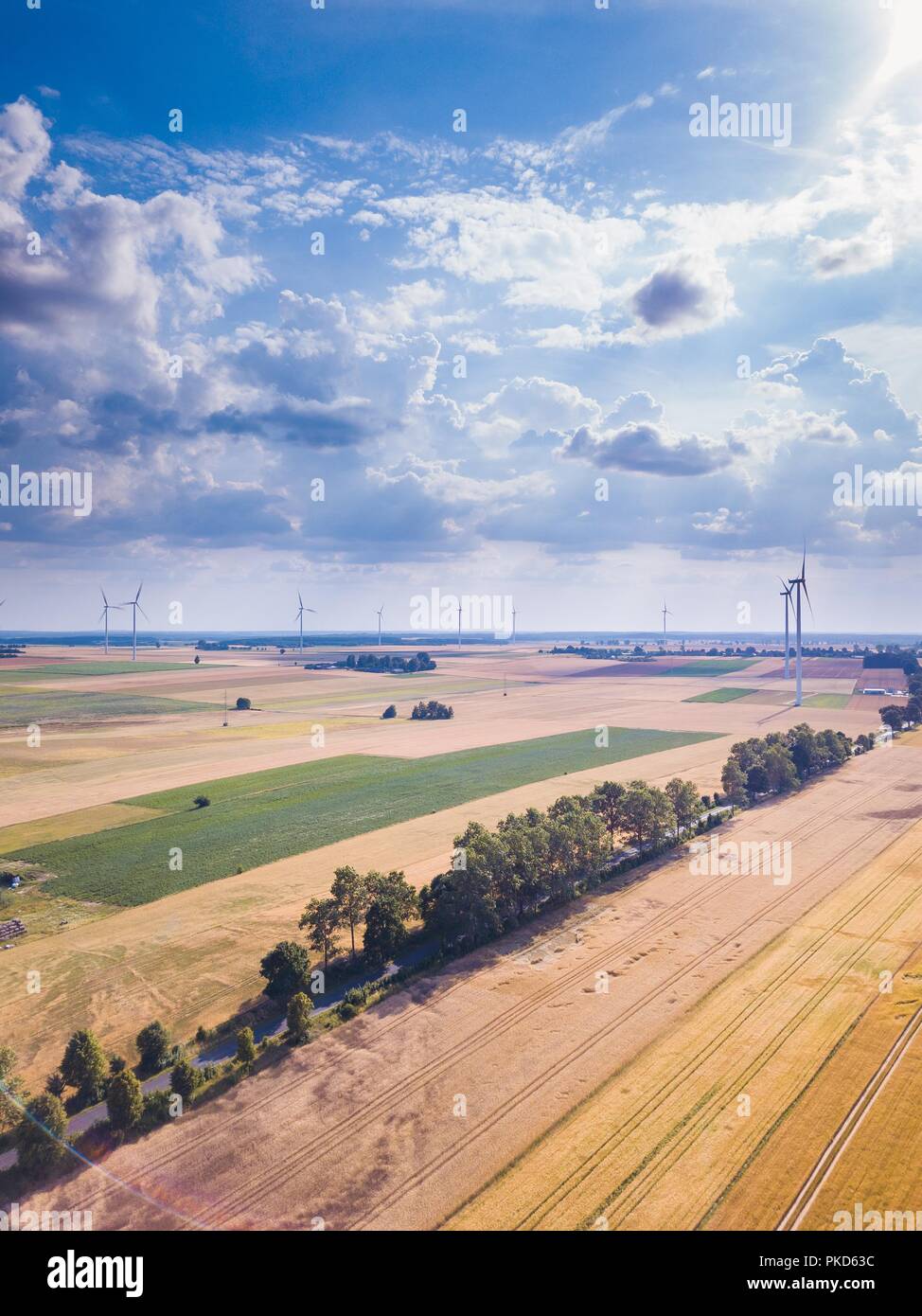 Antenne mit Felder im Sommer und Windmill Farm. Polnische Landschaft Stockfoto