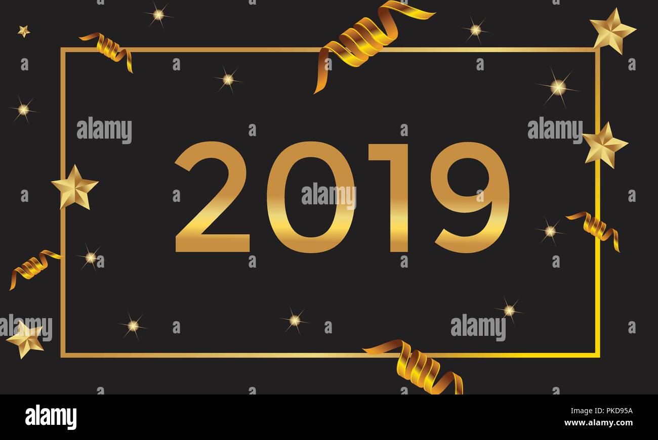 2019 handschriftliche Schriftzug mit goldenen Weihnachten Sterne auf schwarzem Hintergrund. Happy New Year Karte Design. Vector Illustration EPS 10-Datei. Stock Vektor