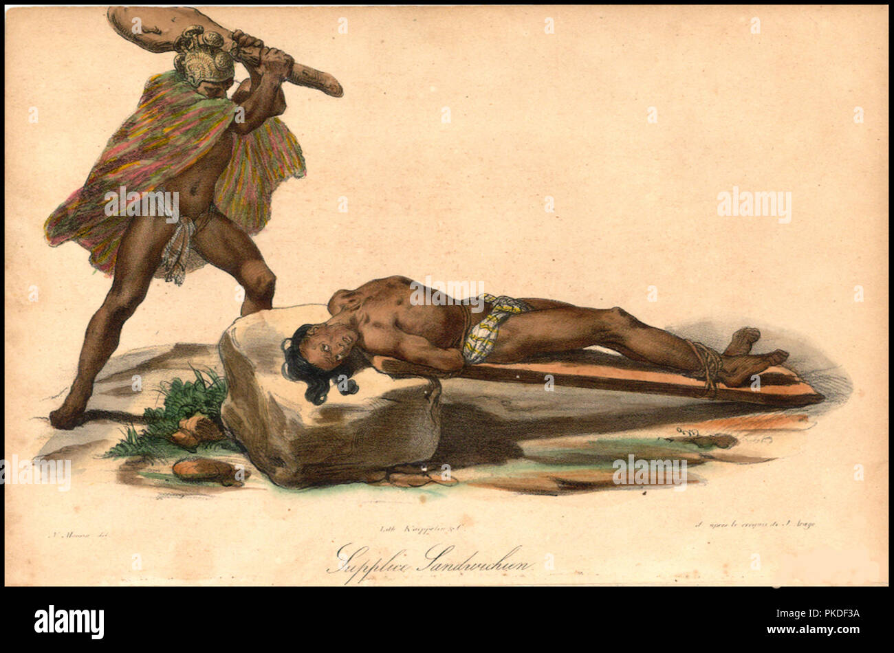Menschenopfer, hawaiische opfern, von Jacques Arago auf das Konto des Freycinet reist um die Welt von 1817 bis 1820 Stockfoto