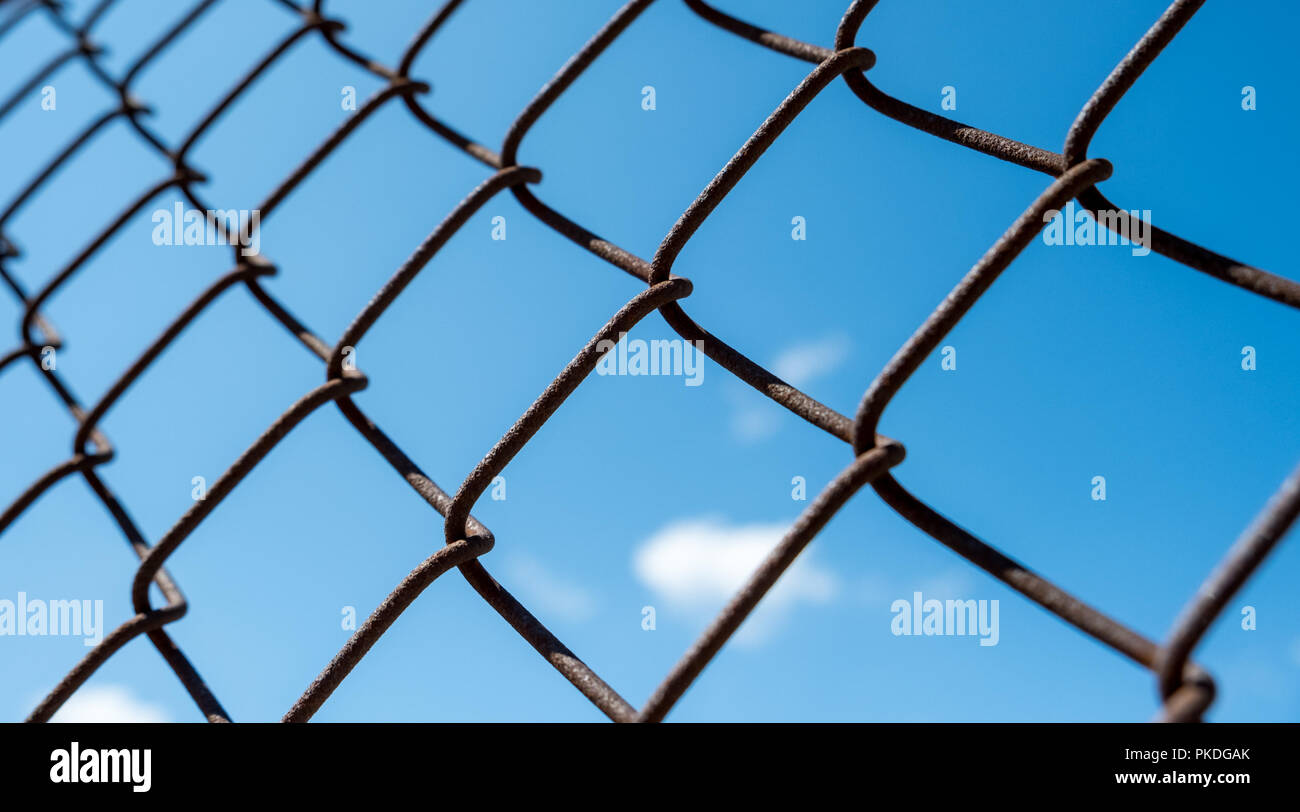 Selektiver Fokus auf Maschendrahtzaun mit blauen Himmel im Hintergrund Stockfoto