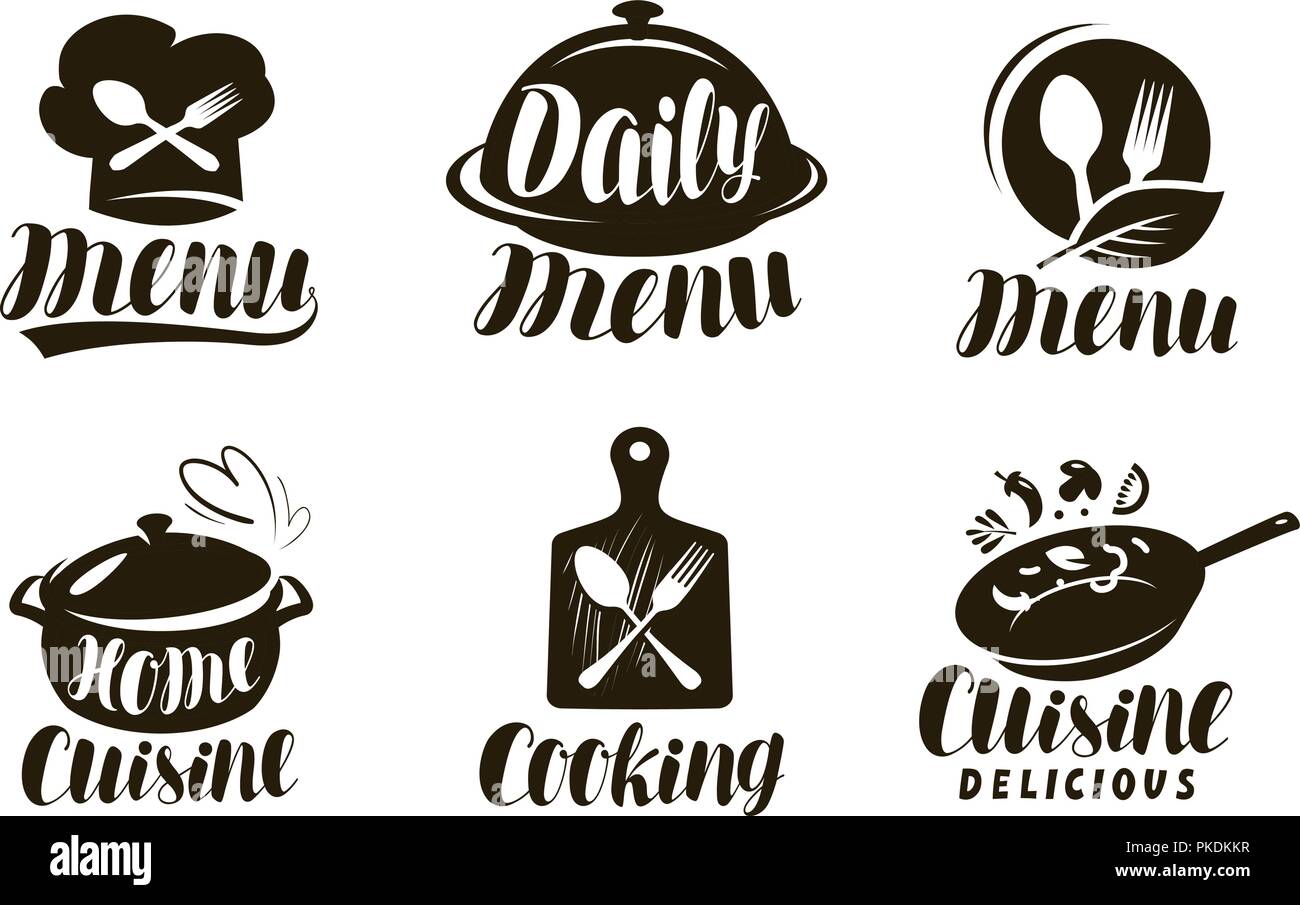 Küche, Kochen Logo oder Label. Satz von Plaketten für die Speisekarte im Restaurant Design. Vektor Schriftzug Stock Vektor