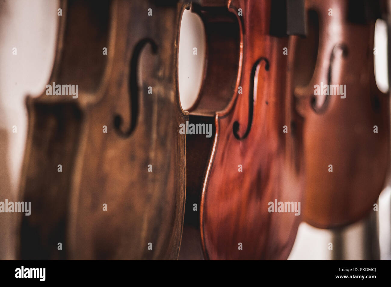 Makroaufnahme eines schönen, handgefertigten Holzmöbeln Geigen, hängend auf weißem Hintergrund mit geringer Tiefenschärfe. Ein Ergebnis der Expert Tischler und Gitarrenbauer. Stockfoto