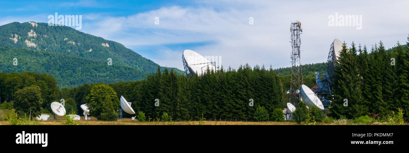 Große Parabolantenne im Grün versteckt Pinienwald. Sat-Communication Center in Cheia, Prahova, Rumänien Stockfoto