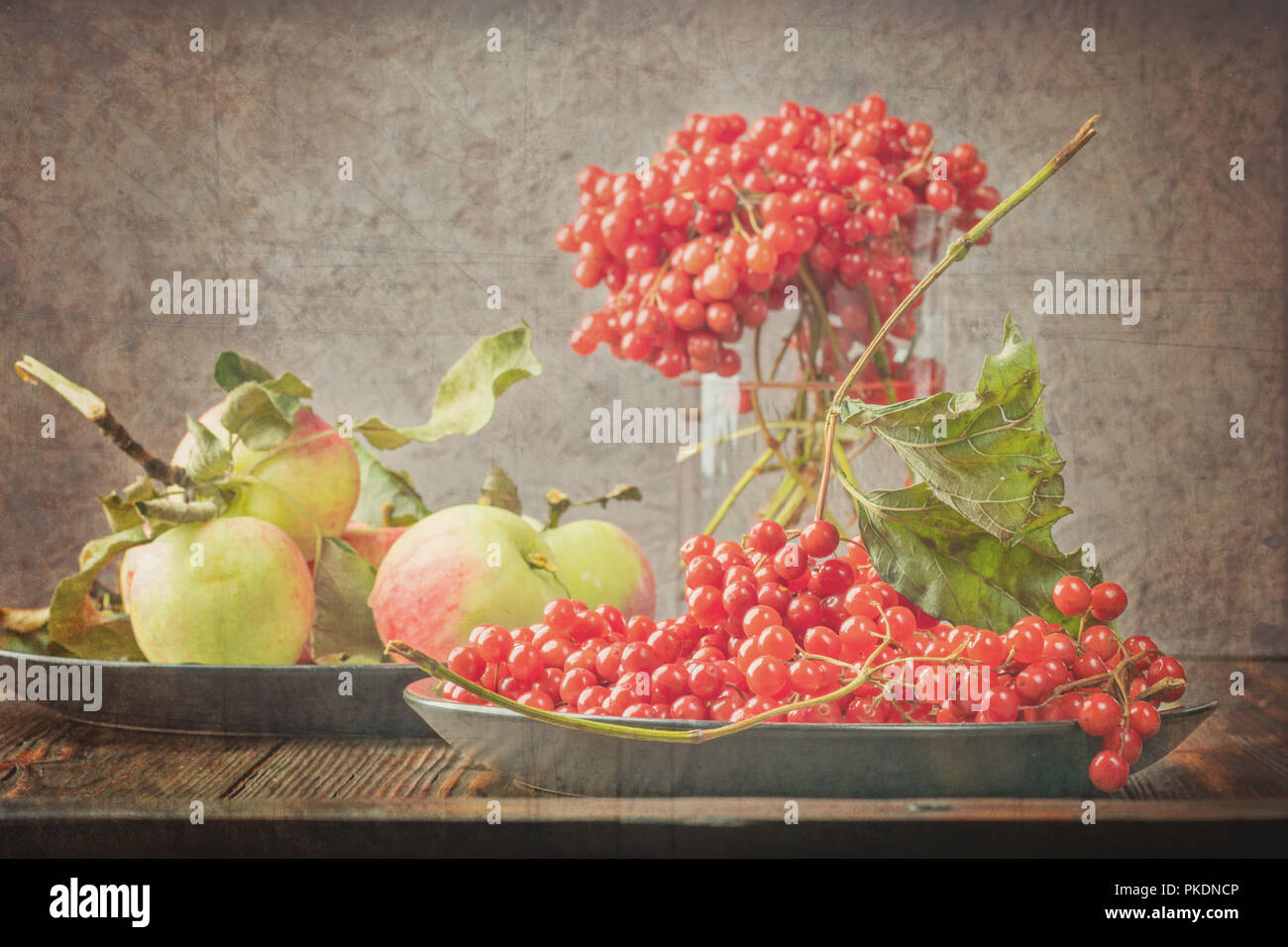 Noch immer leben Beeren eines Viburnum und Garten saisonal Äpfel in Platten Stockfoto