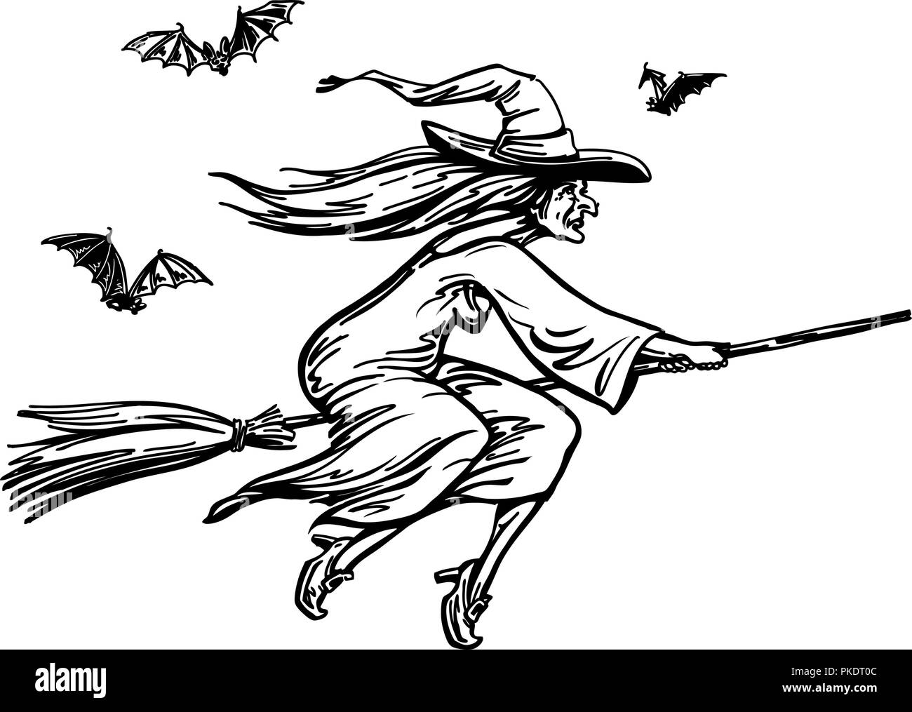 Hexe auf Besen fliegen. Halloween Skizze, Vektor, Abbildung Stock Vektor