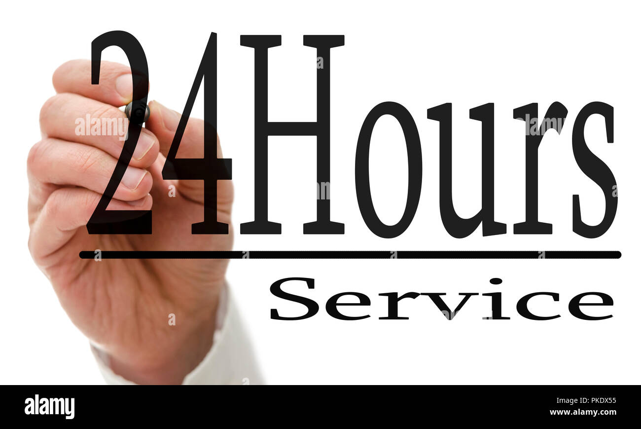 Männliche Hand schreiben 24 Stunden service auf virtuellen Bildschirm. Stockfoto