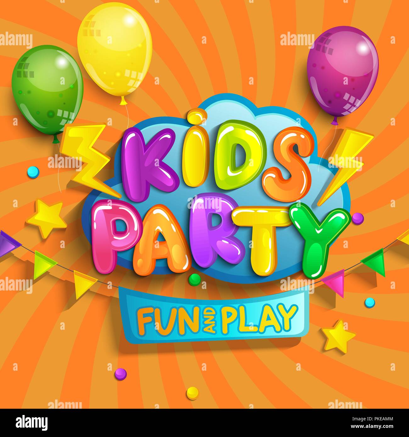 Super Banner für Kinder Partei im Comic-stil mit sunburst Hintergrund. Für Spaß und Spiel, Kinder Spiel raum für Geburtstagsparty. Plakat für ein Kinderspielzimmer eingerichtet. Vector Illustration. Stock Vektor