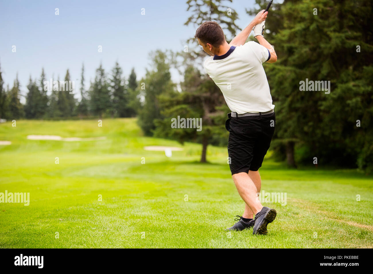 Ein männlicher Golfspieler driving a Golf Ball hinunter die Fahrrinne eines Golfkurses mit der Kugel in der Luft; Edmonton, Alberta, Kanada Stockfoto