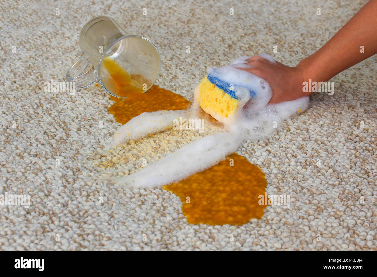 Glas Saft fiel und auf dem Boden verschüttet. Weibliche hand reinigt der  Teppich mit einem Schwamm und Spülmittel Stockfotografie - Alamy